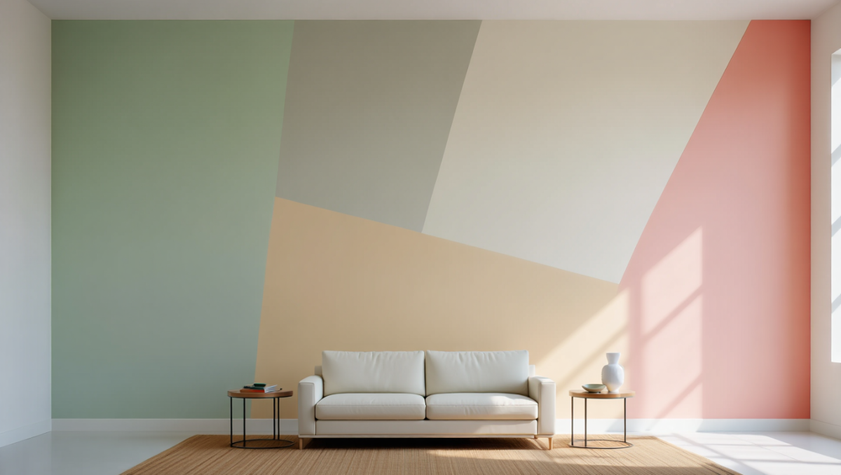 Mur d'accent dans un salon moderne avec une peinture décorative à effet géométrique ou texturé.