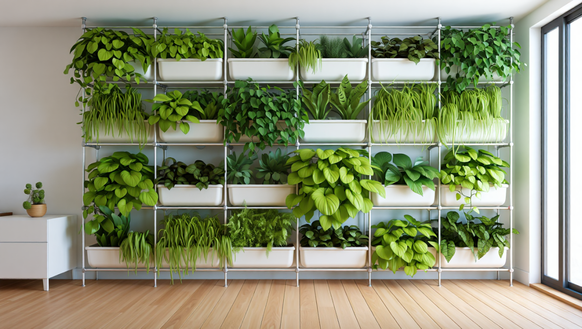 Mur végétal intérieur luxuriant et bien entretenu dans un salon ou une cuisine moderne.