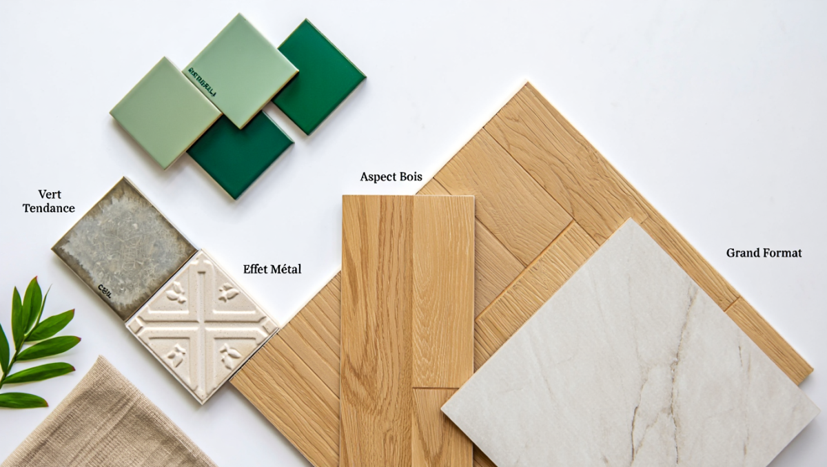 Mood board présentant les tendances 2025 pour les revêtements de sol : carrelage vert, effet métal, relief 3D, aspect bois et grand format.