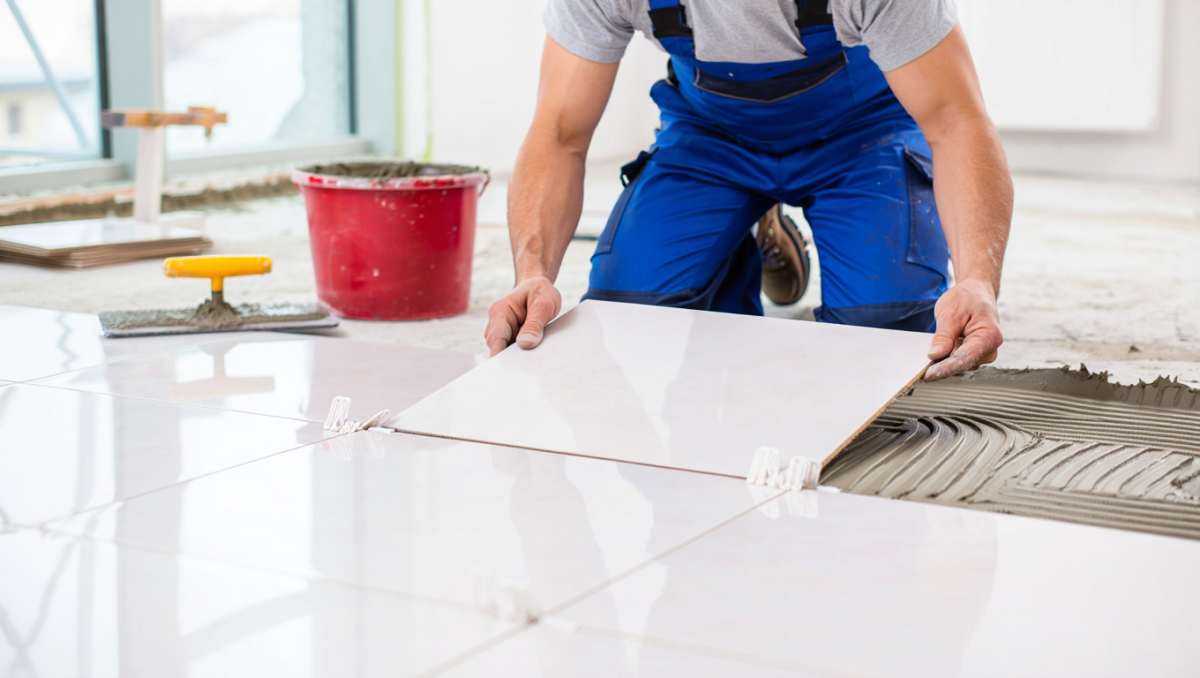 Artisan qualifié (carreleur ou parqueteur) en train de poser avec précision un nouveau revêtement de sol.