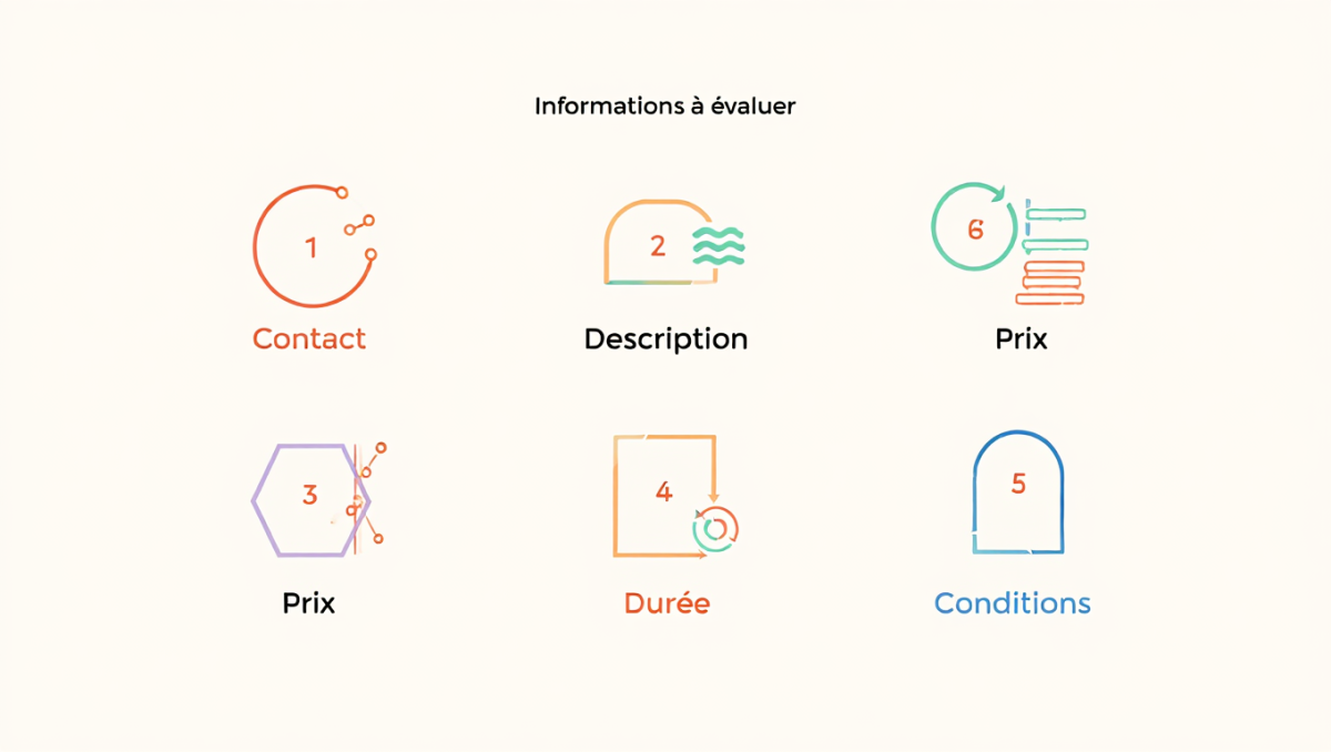 Infographie montrant les 5 sections importantes à vérifier sur un devis travaux : coordonnées, description des travaux, prix, durée et conditions.