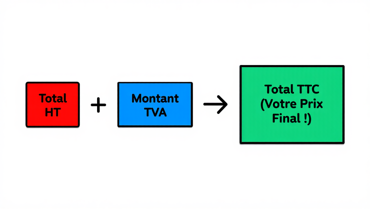 Schéma simple expliquant que le prix final TTC d'un devis est la somme du total Hors Taxes (HT) et de la Taxe sur la Valeur Ajoutée (TVA).