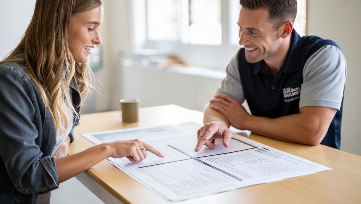 Client posant une question à un artisan souriant au sujet d'un devis travaux, illustrant l'importance de la communication.