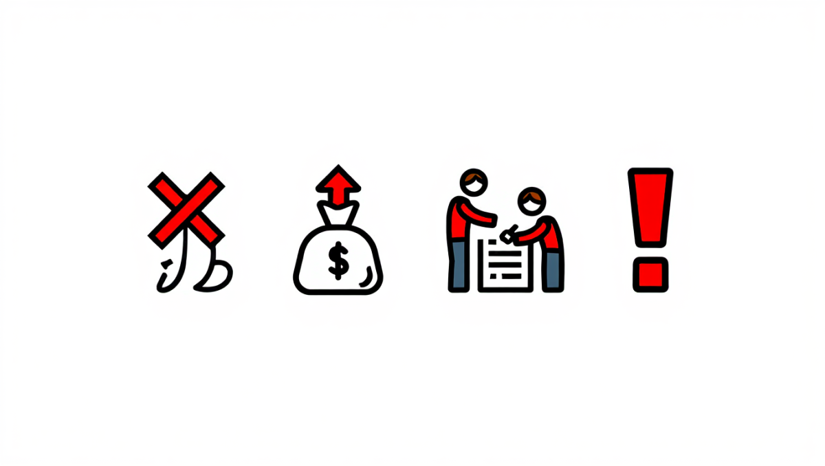 icones-alertes-arnaques-travaux.png Série d'icônes d'alerte symbolisant les arnaques aux travaux : devis refusé, paiement total exigé, pression à la signature, danger.