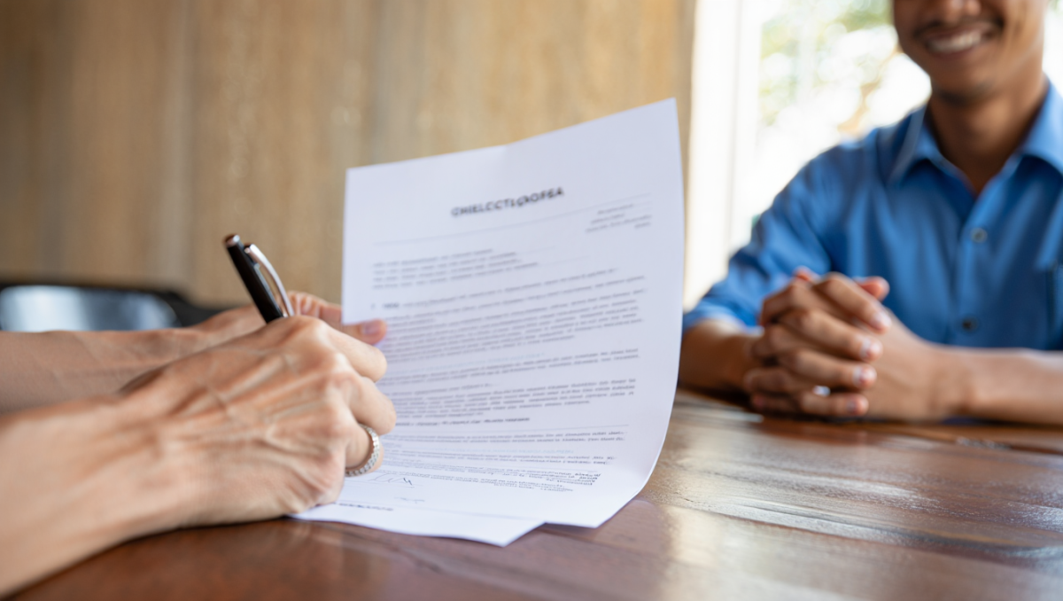 signature-devis-confiance-artisan.png Personne signant un devis de travaux en toute confiance, face à un artisan souriant et professionnel.