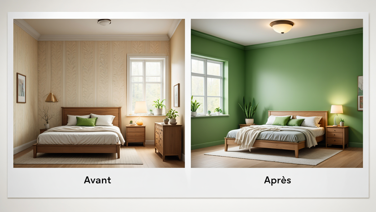 Comparaison avant et après d'une chambre transformée par une nouvelle peinture, passant de terne à accueillante.